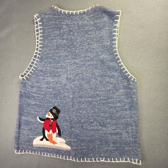 Vintage Heirloom Collectibles Sweater Vest Women M Blue Zip Penguin Ugly Holiday - Picture 6 of 10